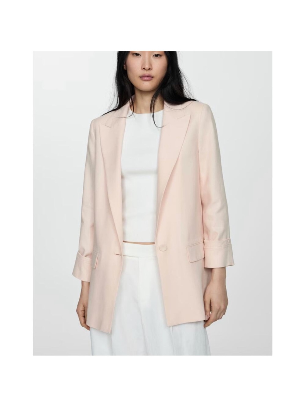 Mango Cream Longline Single-Button Blazer Oversized M Linen Blend Button Cuffs